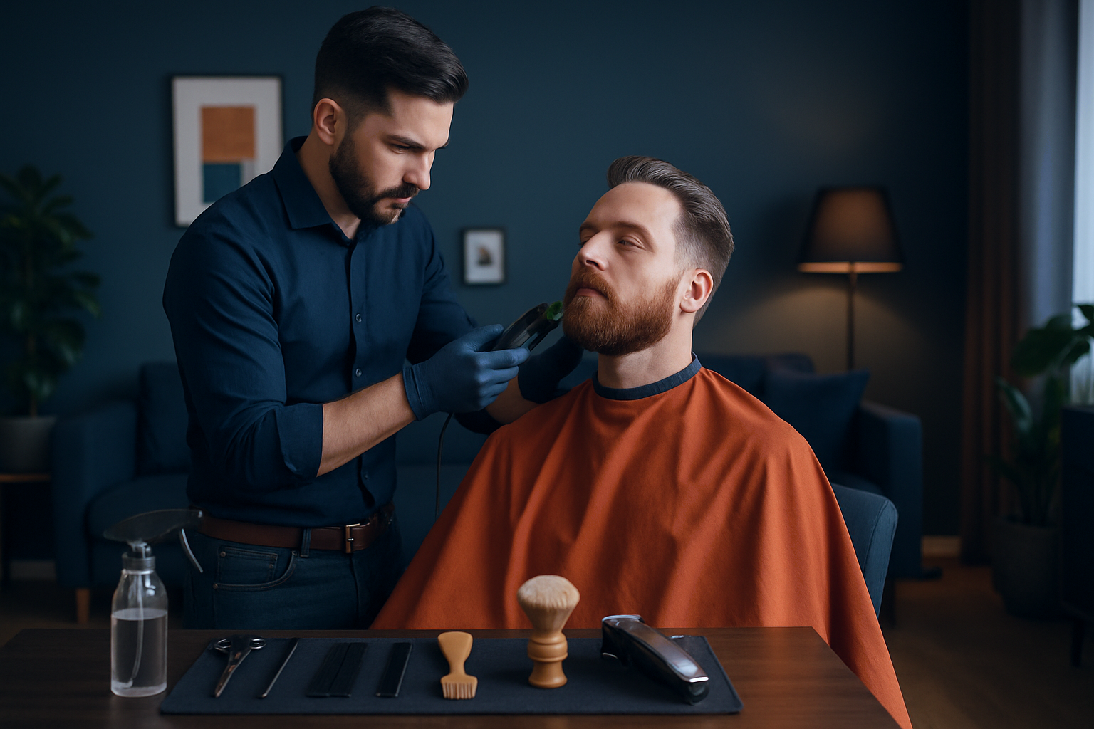 Barbero profesional trabajando a domicilio